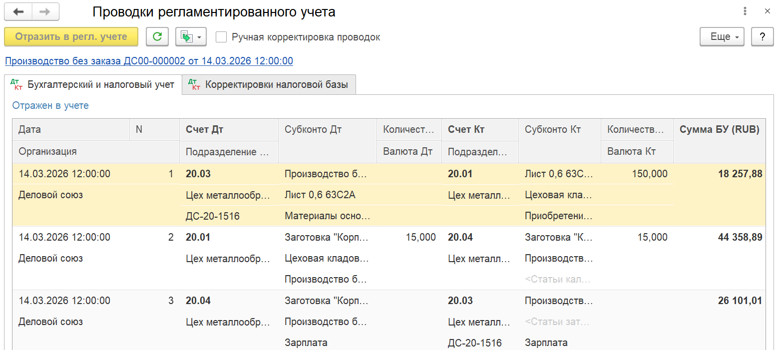 Рис.44 Проводки по производству без заказа (Оборот Дт 20.03 (в рамках контракта) / 20.01 (кроме работ) )