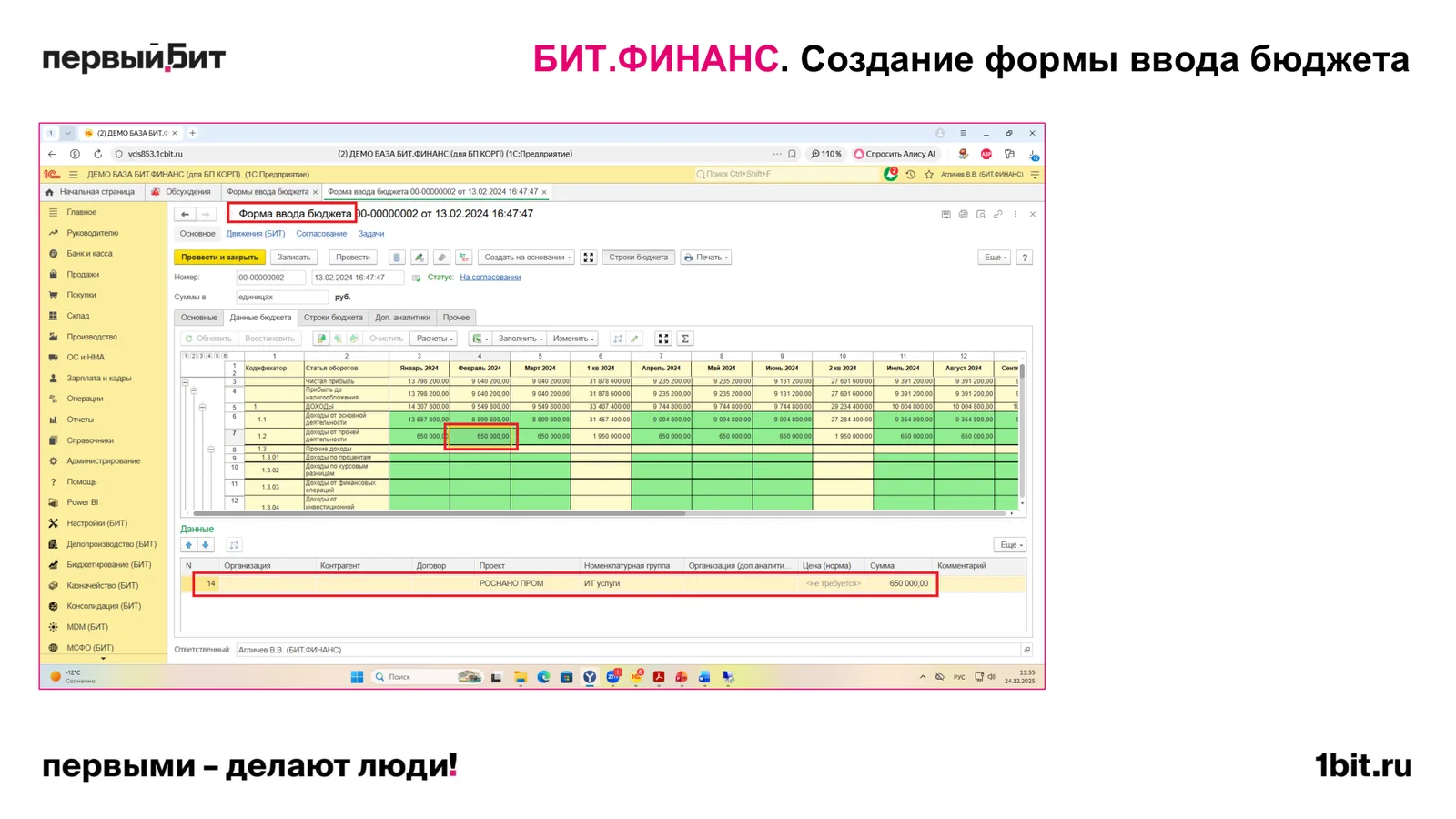 Заполненная форма ввода бюджета в БИТ.ФИНАНС