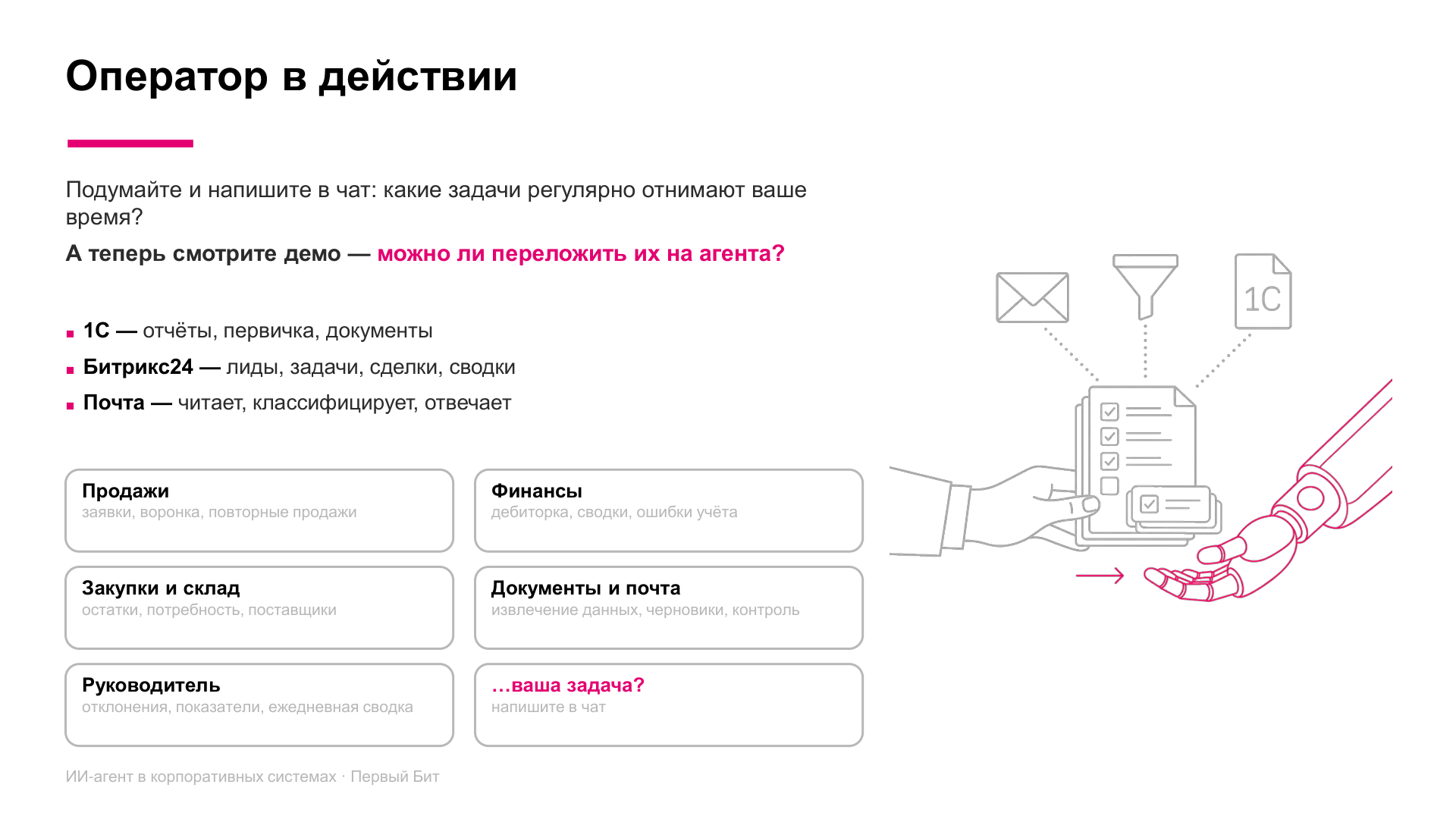 Слайд «Оператор в действии»: карточки задач по отделам — продажи, финансы, закупки и склад, документы и почта, руководитель