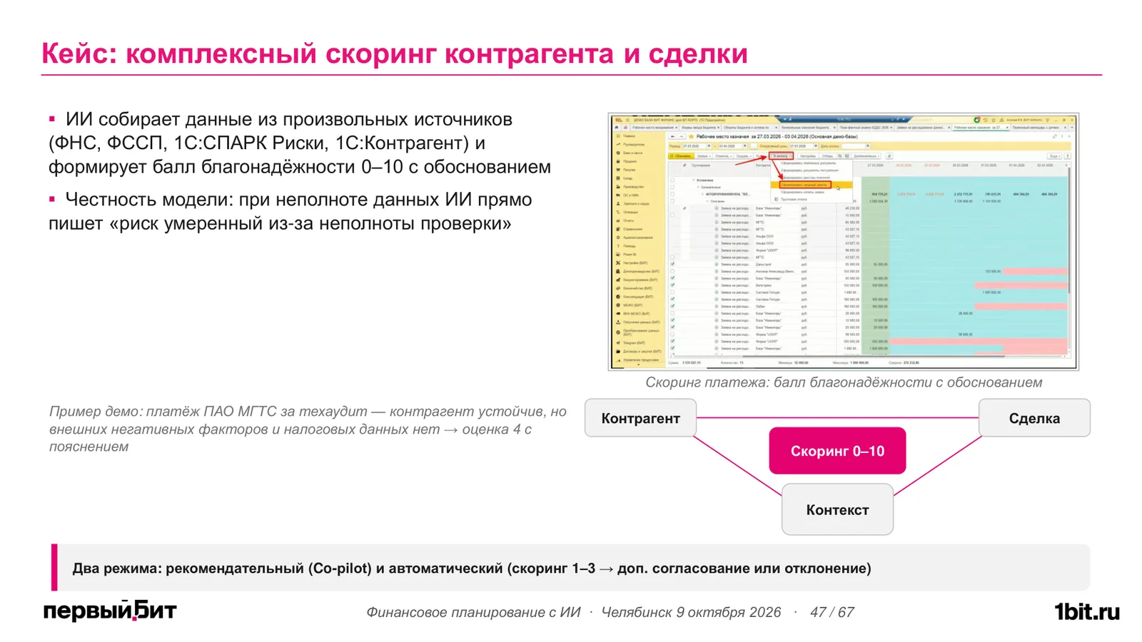 Слайд о комплексном скоринге контрагента и сделки: источники данных, балл благонадёжности 0-10, рабочее место казначея