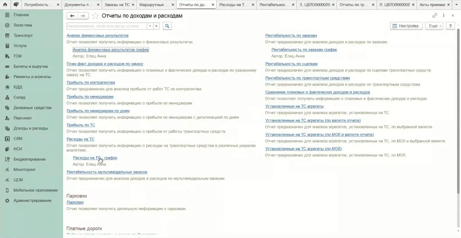 Раздел «Отчеты по доходам и расходам» в 1С: анализ финансовых результатов, план-факт по заказу, прибыль по контрагентам, менеджерам и ТС, расходы на ТС, рентабельность по заказам, сцепкам и транспортным средствам