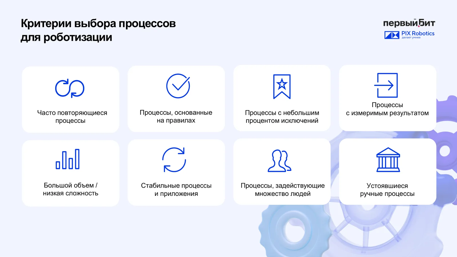 Слайд вебинара с восемью критериями выбора процессов для роботизации