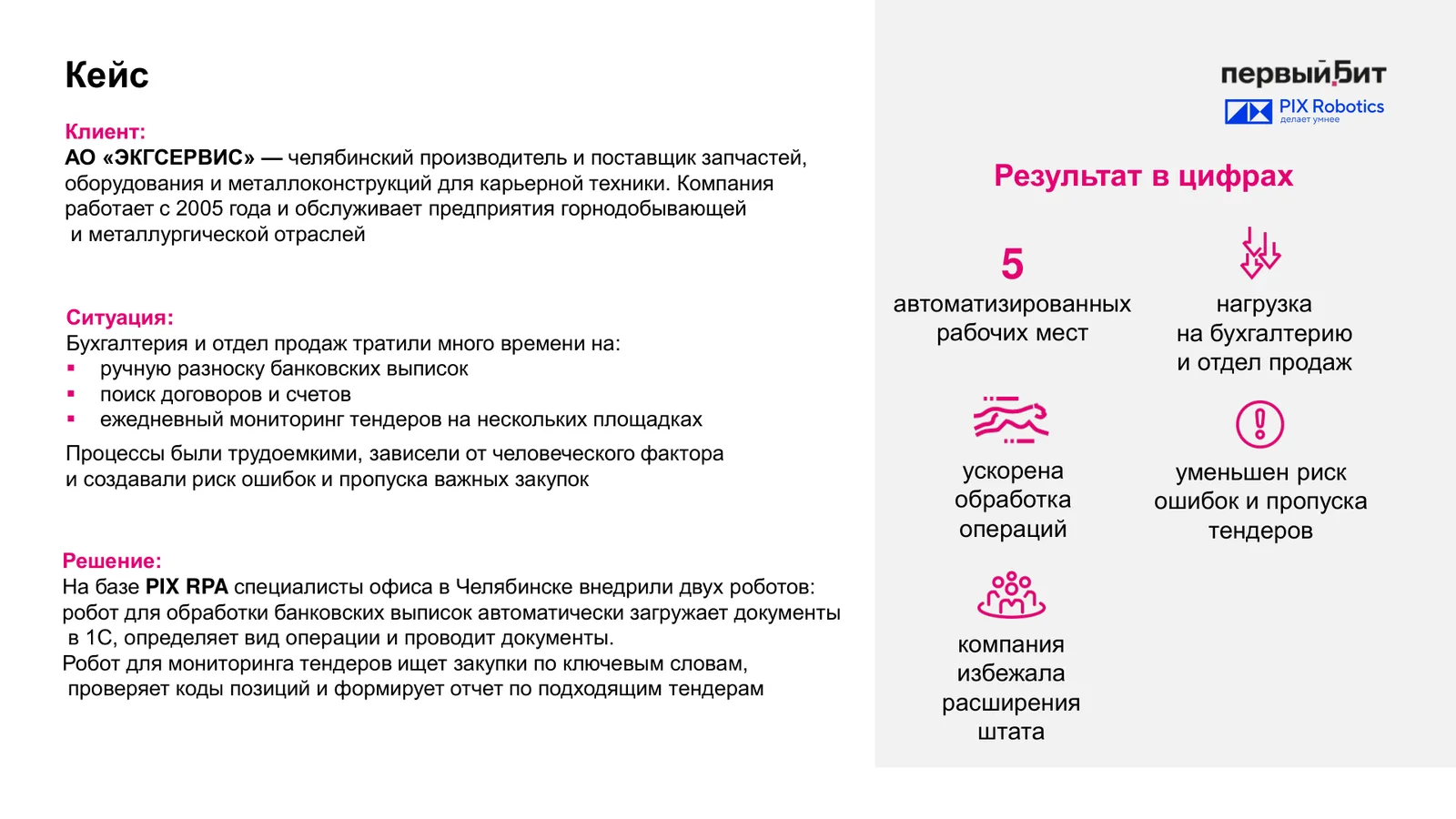 Слайд вебинара с кейсом АО ЭКГСЕРВИС, роботы для обработки банковских выписок и мониторинга тендеров на базе PIX RPA