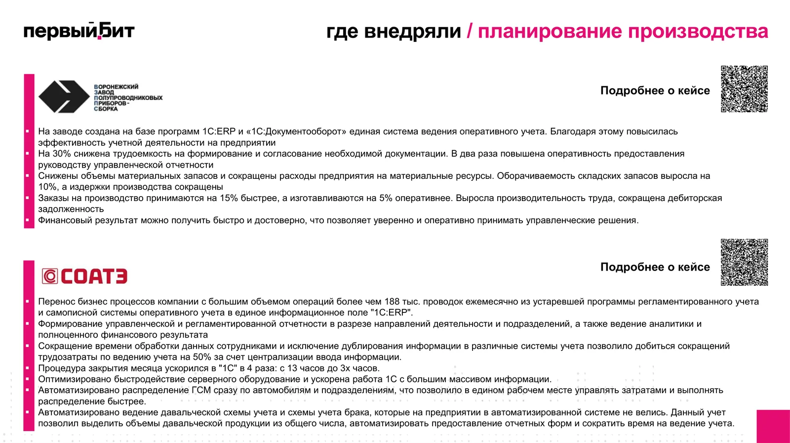 Слайд вебинара с кейсами Воронежского завода полупроводниковых приборов и СОАТЭ